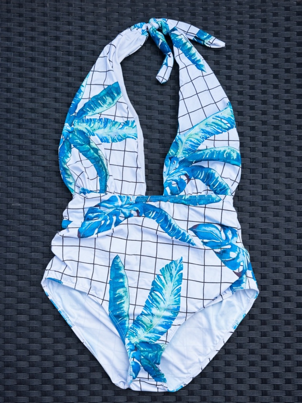 Tropical Halter One-Piece Swimsuit - Blue Leaf Print XL - Picture 3 of 4